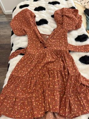 Altar'd State Rust Floral Mini Dress with Puff Sleeves
